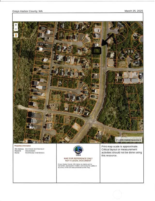 County parcel map; shows green belt behind lot and proximity to beach access.  See black arrow toward top of photo.