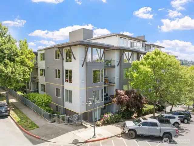 This desirable second-floor end unit, highlighted in the image, offers added privacy and abundant natural light thanks to its extra windows. Enjoy the perfect blend of comfort and convenience—just steps from all that downtown Kirkland has to offer.