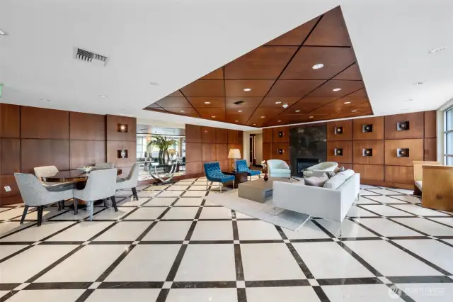 Welcome to the secure Waterview building—this elegant lobby offers a warm first impression and convenient access to the elevator, mail/package room, and resident-only gym.