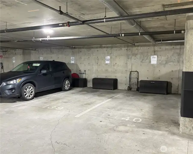 With these two designated side-by-side parking spaces, storage is permitted. The HOA may also approve additional storage containers within the spaces, offering added flexibility and convenience.