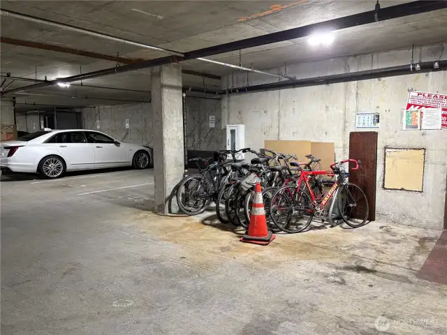 Community bike rack located in the secured garage offers residents a convenient and shared storage option for bicycles—perfect for eco-friendly commuting or weekend rides.