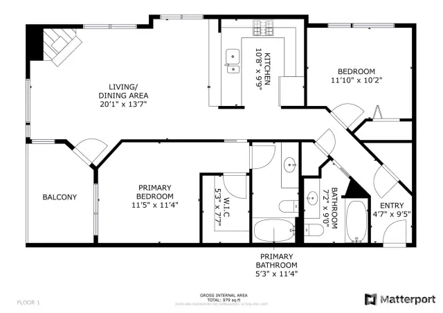 This well-designed 964 sq ft layout features two bedrooms, two full baths, and an open-concept living/dining area that connects to a private balcony. The primary suite includes a walk-in closet and en suite bath, offering a comfortable and efficient use of space.