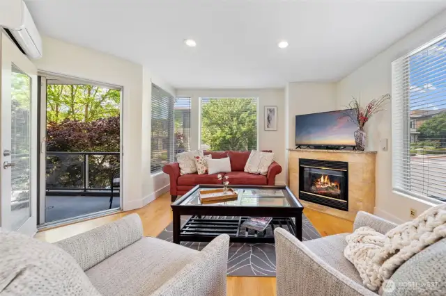 End unit living area features large windows, a gas fireplace, and direct access to a private balcony. Thoughtful layout creates a relaxed space for entertaining or everyday comfort.