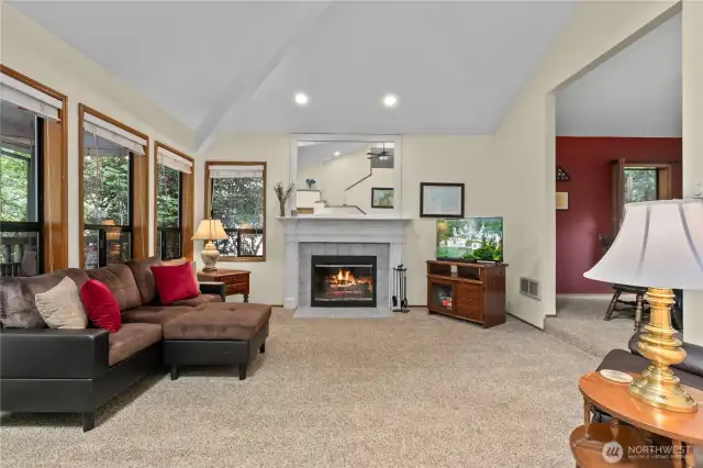 A wood-burning fireplace in the living room