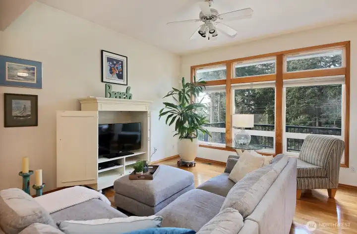 Tall ceilings in the living area combined with the lovely window package make for a bright and airy space!