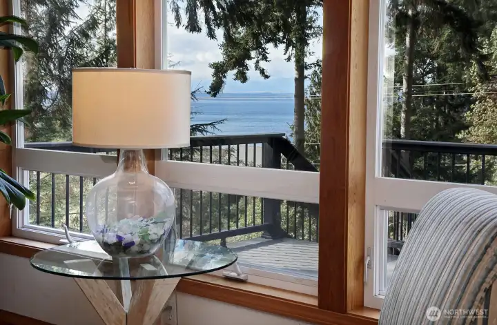 There are water and mountain views from the living room, dining area and deck!