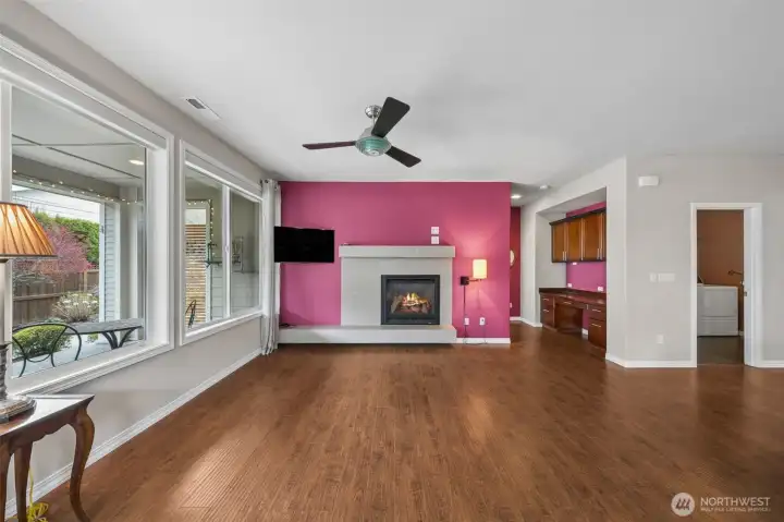 Cozy gas fireplace in great room.