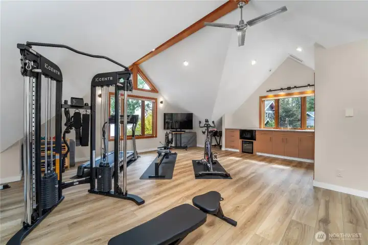 Upstairs is a studio apartment with a kitchenette