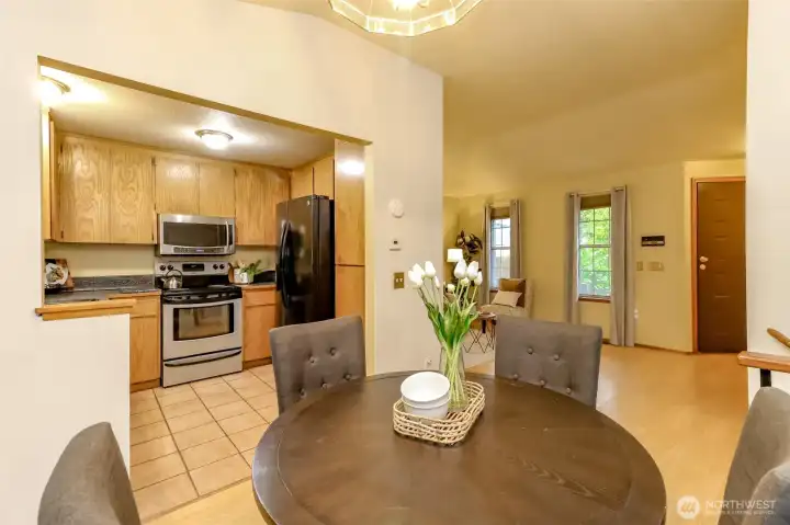 Dining room kitchen and living room all in frame