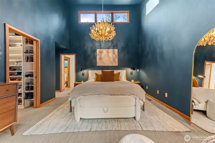 Soaring celings & stunning chandelier from Sage Interiors