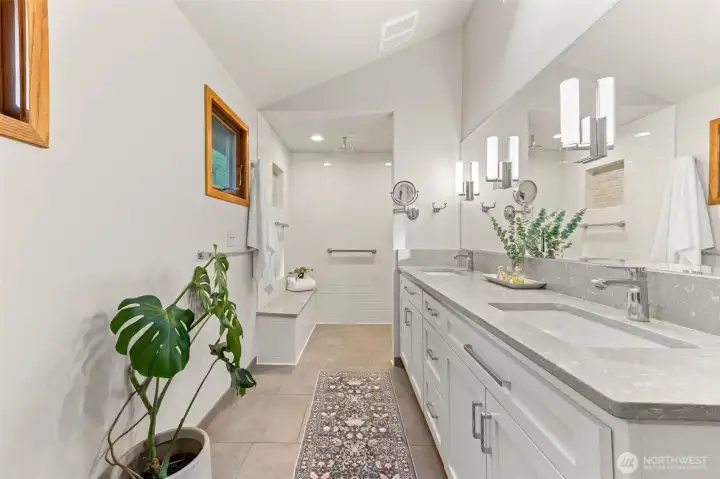 Ensuite bath with double vanities and walk in shower