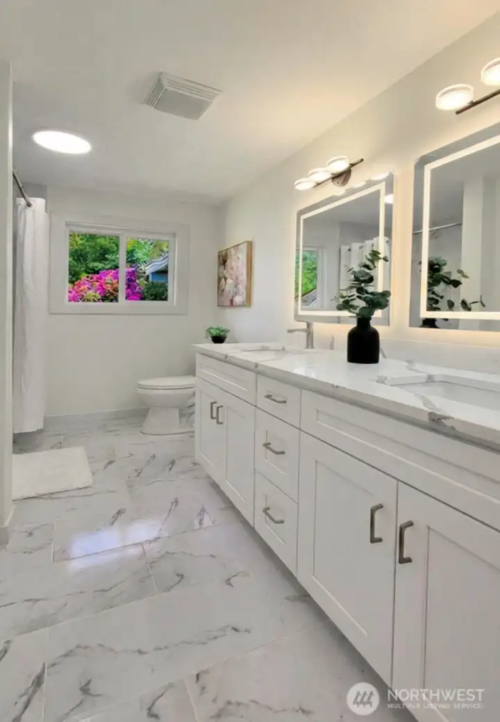 Luxury Fully Tiled  Bathroom with Dual Sinks, Light Up Mirrors
