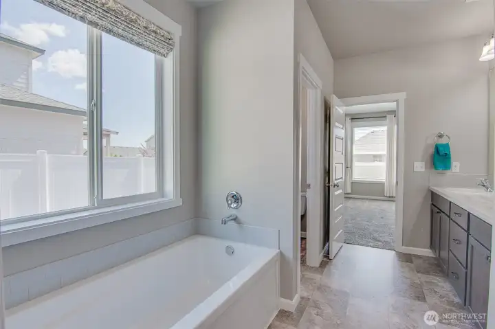Primary Bedroom, soaking tub, Water Closet entry, and Primary Bathroom Double Vanity from Primary Closet
