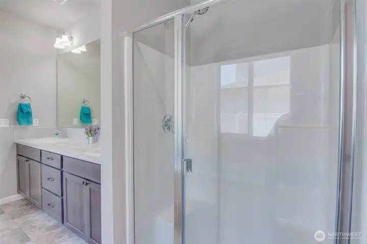 Primary Bathroom Step in Shower with new shower head and Double Vanity from Soaking Tub