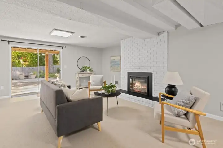 Basement living room with slider to backyard.