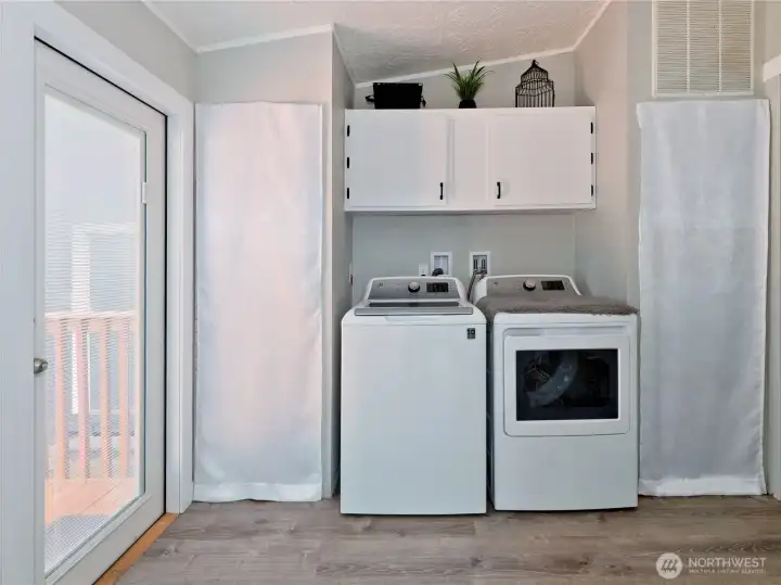 Laundry/mechanical room houses HWT on  left and furnace on the right