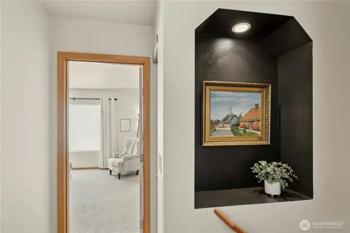 Upstairs hall with lighted art alcove