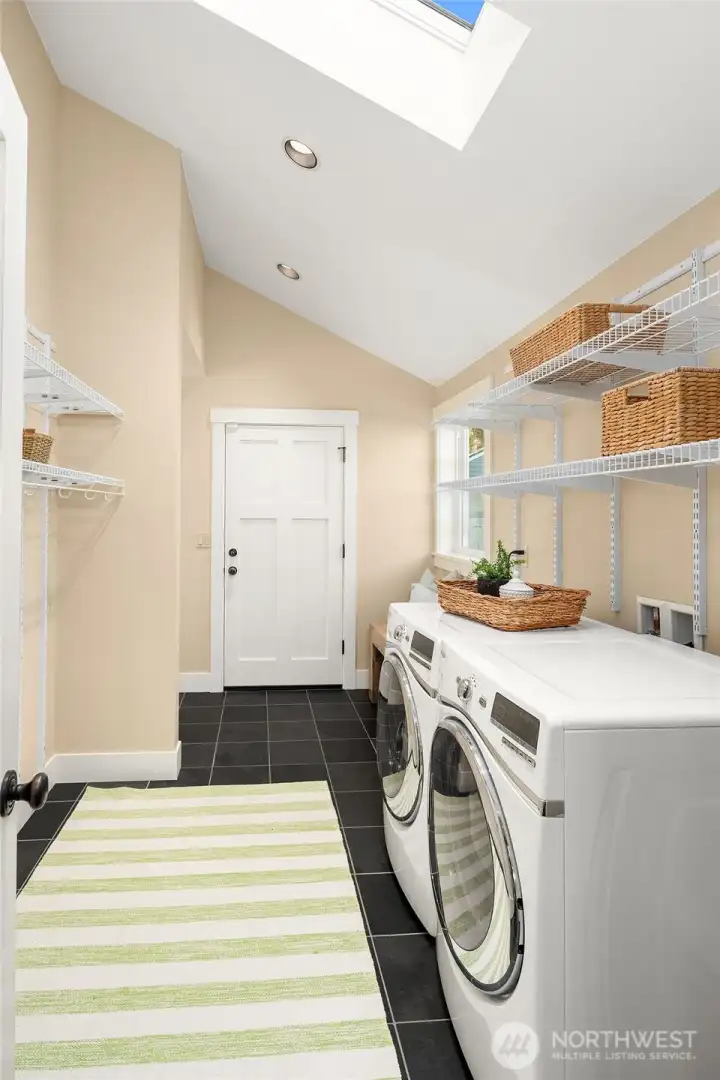 Laundry room between garage and pantry.