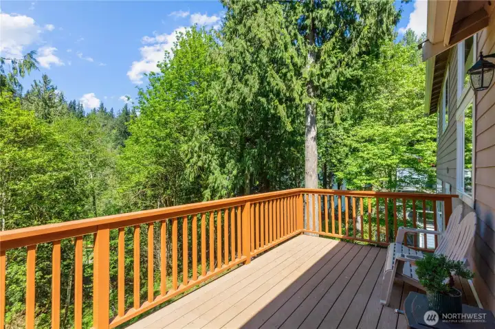 Expansive deck overlooks AM Beach, surrounded by mature trees offers a peaceful setting for outdoor dining or quiet mornings.