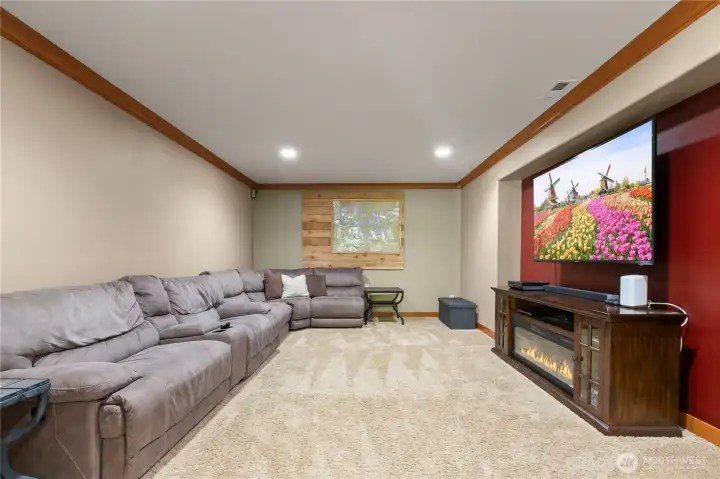 Lower-level media or recreation room with flexible space for movie nights, gatherings, or game day viewing.