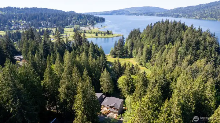 Neighborhood aerial highlighting nearby shoreline access, open green space, and wooded surroundings.