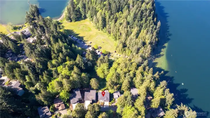 Elevated aerial perspective showcasing the home’s location near Lake Whatcom and Sudden Valley amenities.