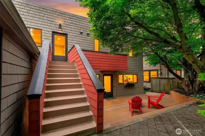 This staircase from the backyard leads up to the 3rd floor primary bedroom.