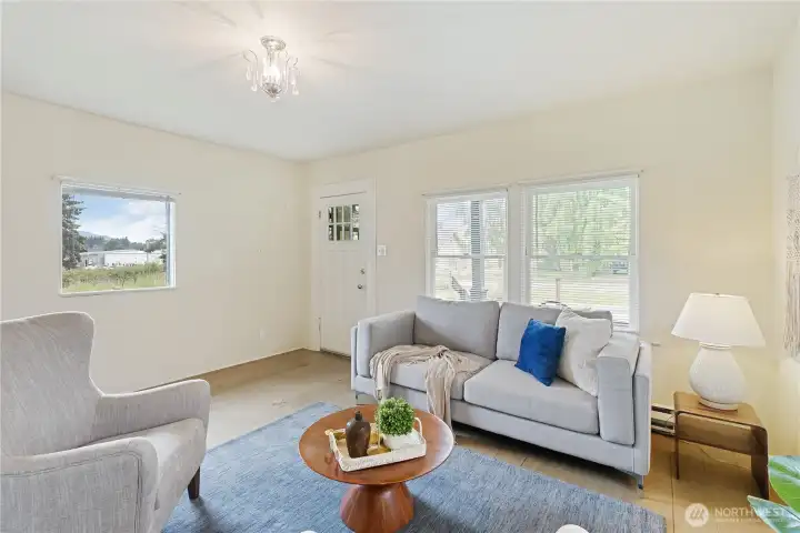 Inviting and spacious front living room with fresh interior paint