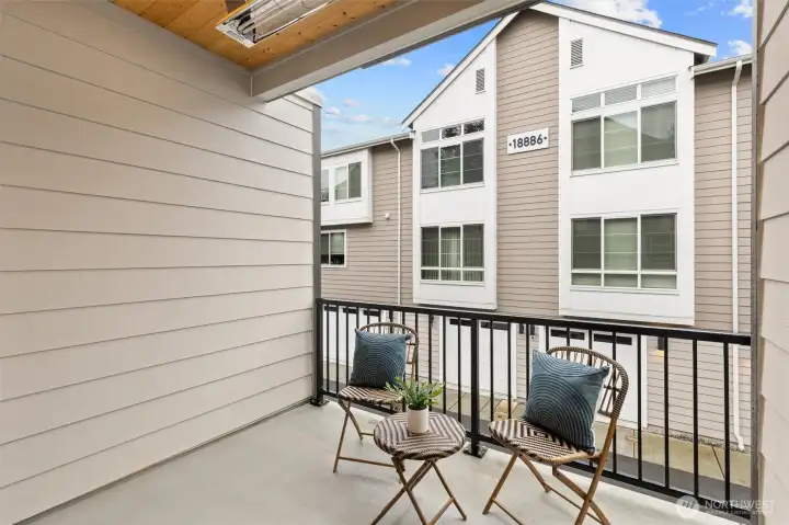 Outdoor balcony has upabove heaters for year round enjoyment Outdoor balcony has upabove heaters for year round enjoyment