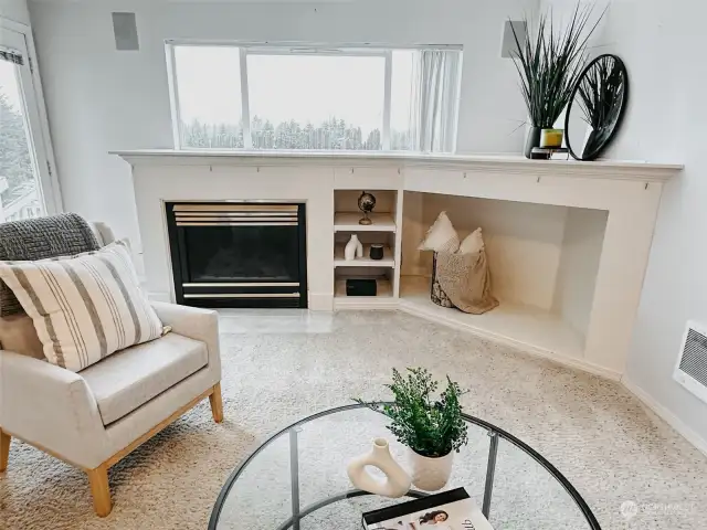 Cozy gas fireplace and surround sound speakers