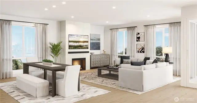 Rendering great room with adjoining casual dining area open onto the covered deck.