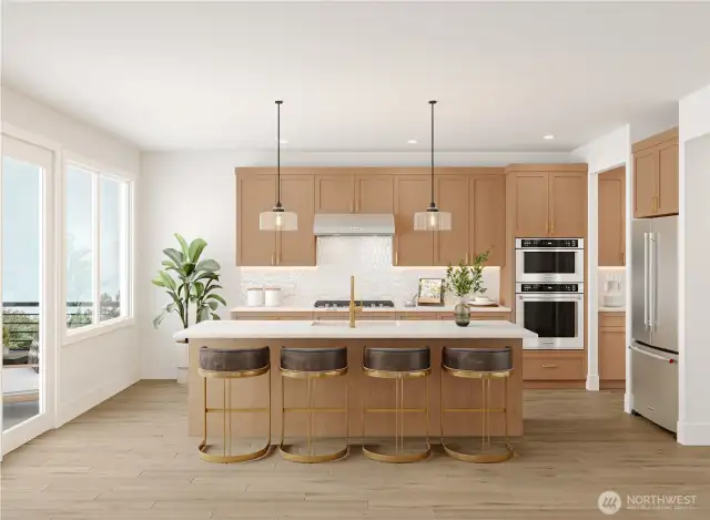 Rendering of the kitchen with an oversized island with an eating bar, quartz countertops, and a walk-in pantry.