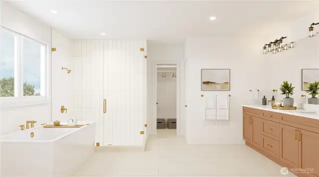 Rendering of luxurious bathroom with free-standing soaking tub and a walk-in shower.