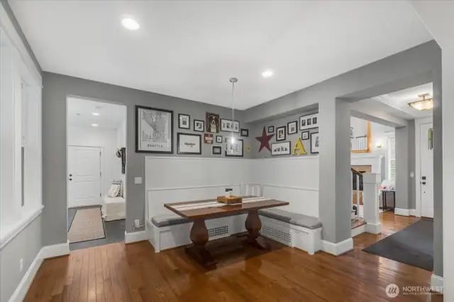 Kitchen leaves to large breakfast nook with built in bench seating.