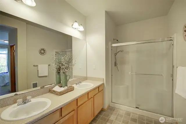 Primary bath with double vanity.