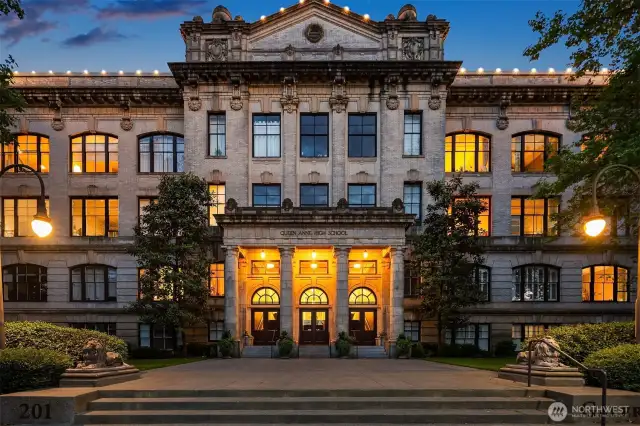 Queen Anne High School at night.