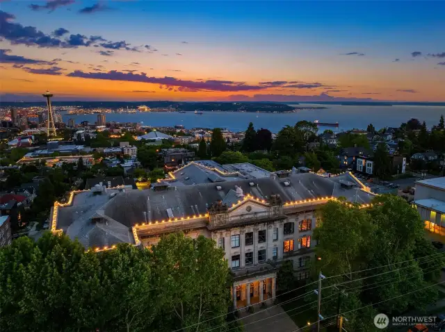 Aerial view of Queen Anne High School dusk.