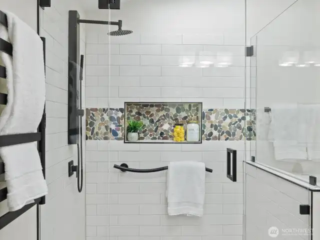 walk in shower with heated towel rack