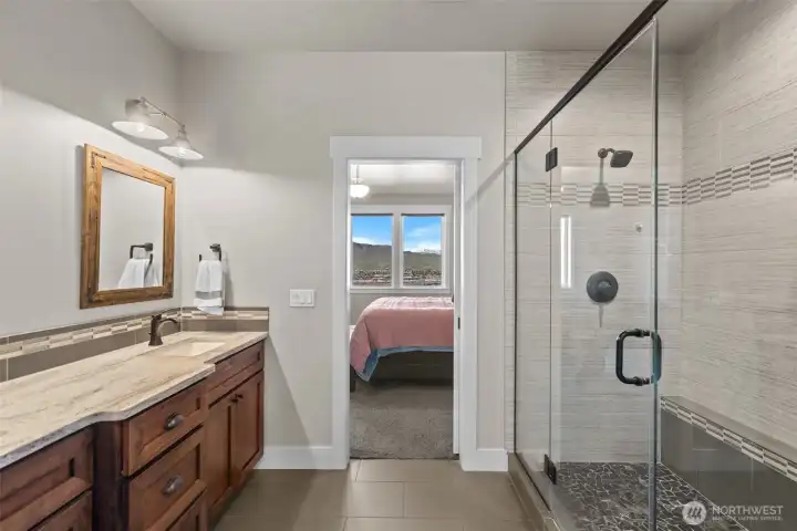 dual head, walk-in shower with bluetooth speaker in fan