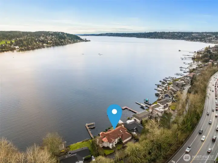 Aerial perspective of this rare wide stretch of Lake Washington living buffered by the Burke Gillman Trail.