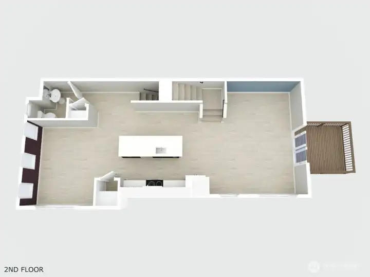 2nd floor plan featuring the open living, dining, kitchen, and deck