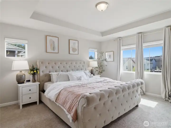 Primary bedroom with recessed ceiling.