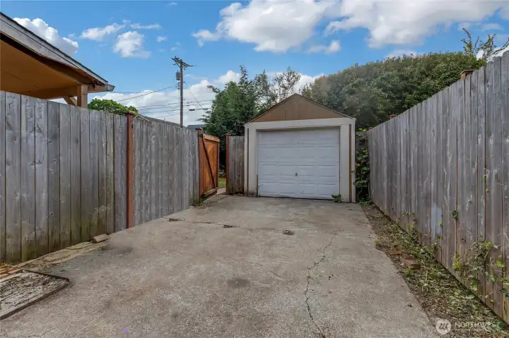 The garage has power, and the driveway is quite long.