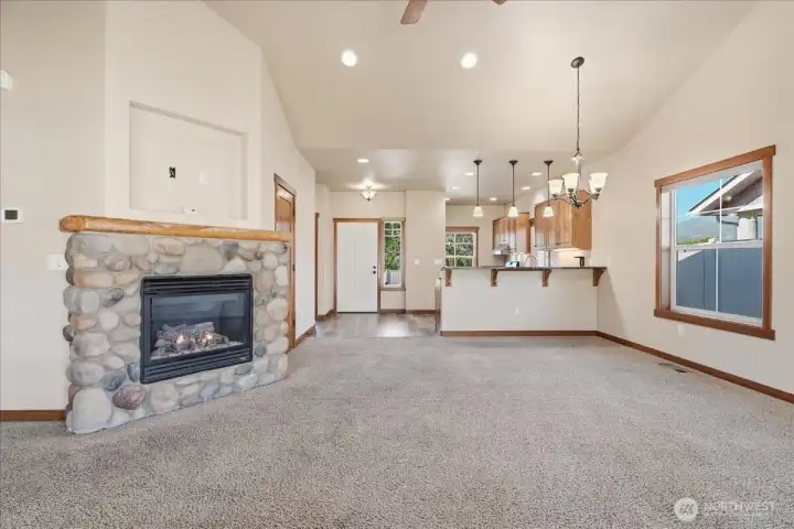 Propane stone fireplace in great room Propane stone fireplace in great room