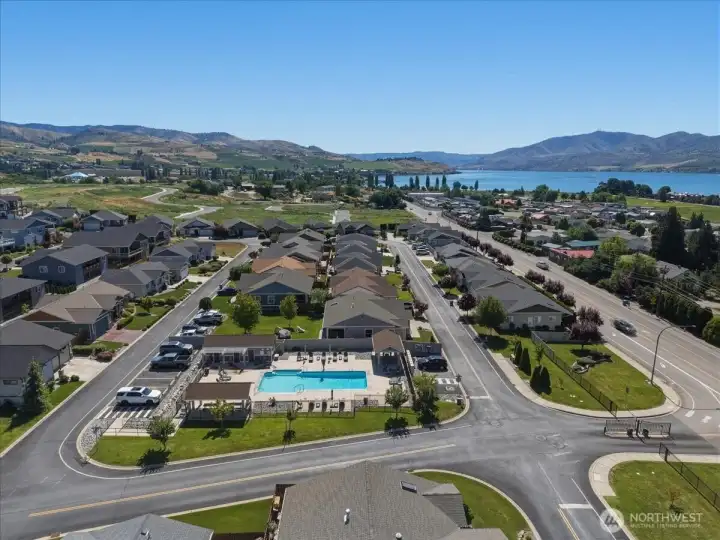 Aerial view of pool and mountain and lake views Aerial view of pool and mountain and lake views