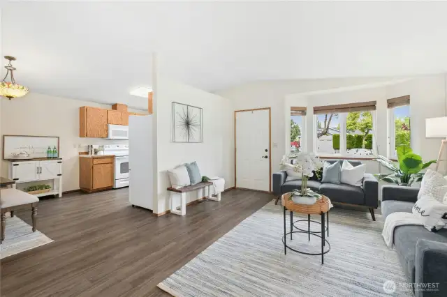 Open flow between living room and kitchen
