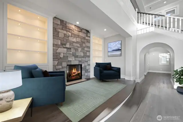 Inglenook w/ custom Limestone fireplace. G5 custom cabinets.