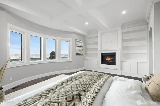 Huge primary bedroom with sweeping views & custom limestone fireplace