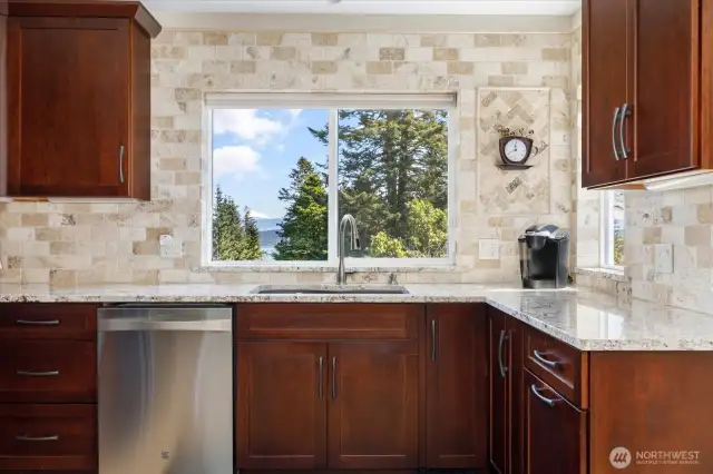 Catch a glimpse of Mt. Baker right from the kitchen window.
