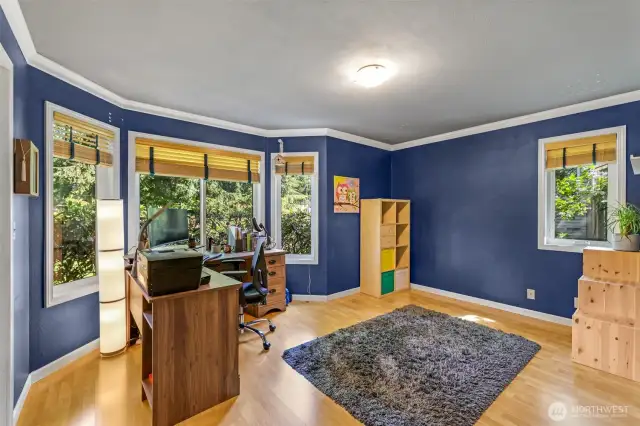 This generously sized secondary bedroom features large windows on multiple walls, bringing in natural light and lush outdoor views. With plenty of space and flexibility, it’s perfect for a home office, guest room, or creative retreat.